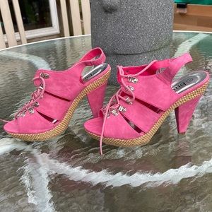 Bucco Pink Suede Open Toe Lace Up Heels with Silver Clasps for Laces.